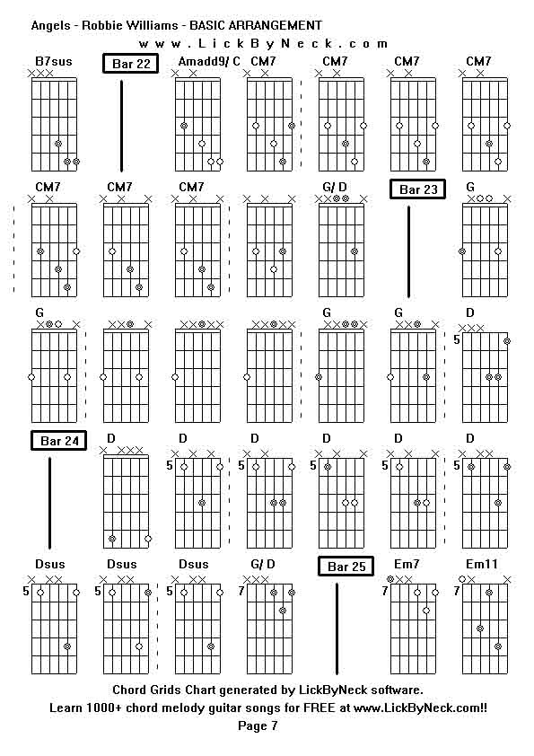 Chord Grids Chart of chord melody fingerstyle guitar song-Angels - Robbie Williams - BASIC ARRANGEMENT,generated by LickByNeck software.